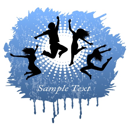 shabby blue abstract background with silhouettes of people jumpingのイラスト素材
