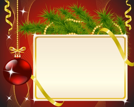 Christmas card, fir branch, a toy and gold ribbons on red backgroundのイラスト素材