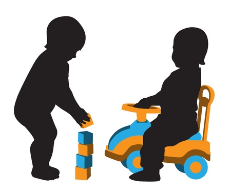 silhouettes of a child collecting a tower out of blocks and a silhouette of a child in the carのイラスト素材