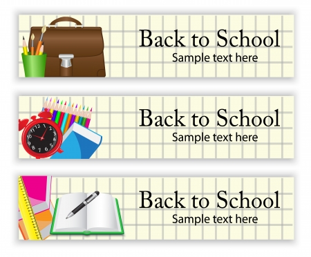 School banners with various school supplies on the   paper background のイラスト素材