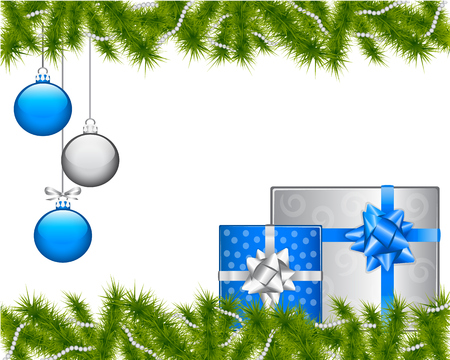   Christmas background with gifts and decorations and spruce branchesのイラスト素材