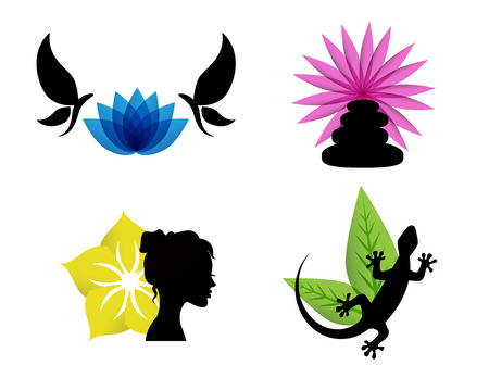 Abstract spa icons with flowers, female silhouette, butterflies, lizards and stonesのイラスト素材