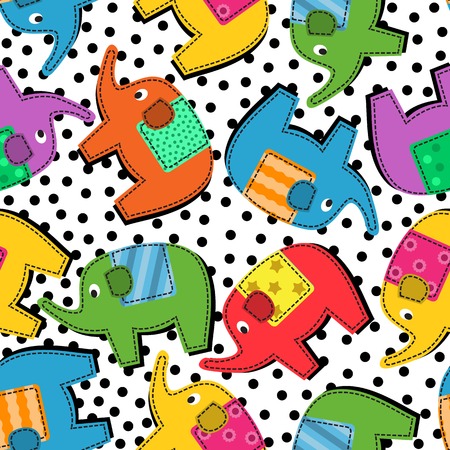 Seamless background with colorful elephants and black dotsのイラスト素材