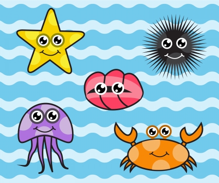 Cartoon sea creatures on blue sea backgroundのイラスト素材