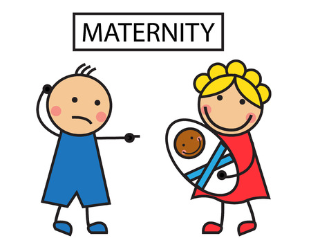 Cartoon illustration  wife holding a newborn and her Caucasian husband surprisedのイラスト素材