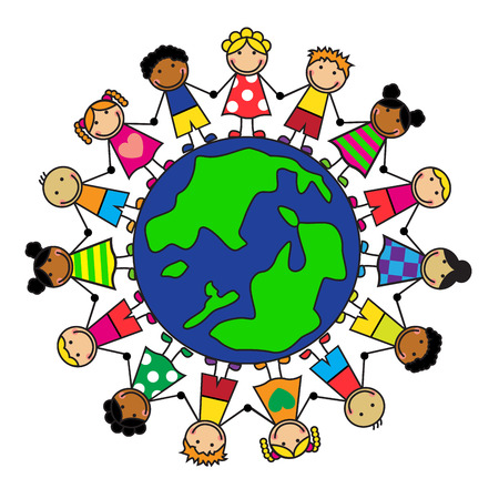 Cartoon children of different nationalities are on the planet holding hands  のイラスト素材