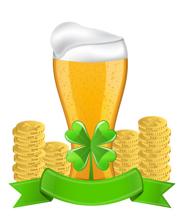 Beer, ribbon, four-leaf clover and golden coins image for St  Patrick s Dayのイラスト素材