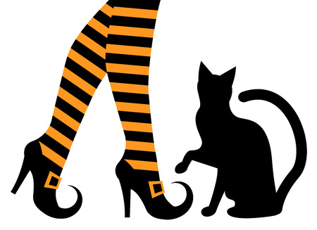 witches feet in striped socks and shoes and a black cat  のイラスト素材