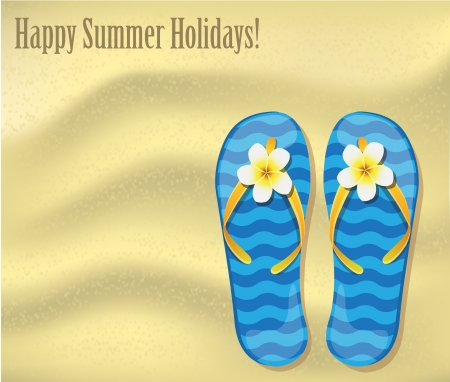 vacations background with a texture of sand and Flip-flops decorated flower frangipani  のイラスト素材