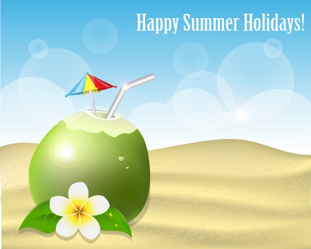 Green coconut with straw and cocktail umbrella stands on the sand on a background of blue skyのイラスト素材