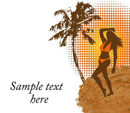 graceful silhouette of a woman in a bathing suit on a background of abstract sun and palm trees  のイラスト素材