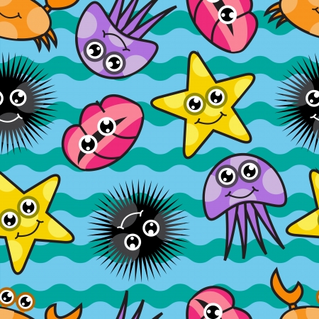 Bright seamless background with Cartoon marine life against the background of the wavesのイラスト素材