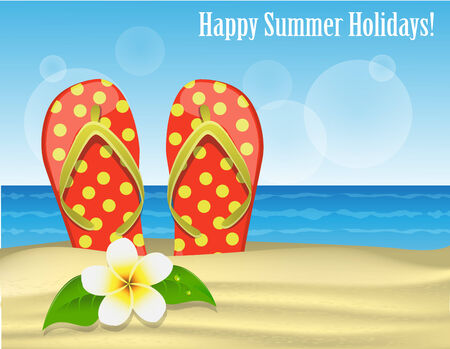 Holiday greeting card with flip-flops and and frangipani against the sand and the sea  のイラスト素材