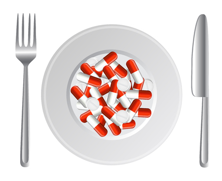   plate with a bunch of capsules and tablets  Next to them are fork and knife    のイラスト素材