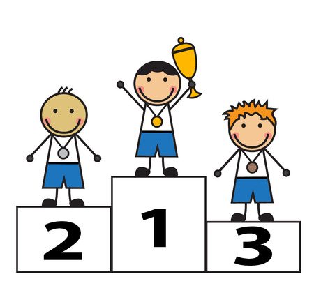 Cartoon men stand on the podium winners  Children were awarded medals and cupsのイラスト素材
