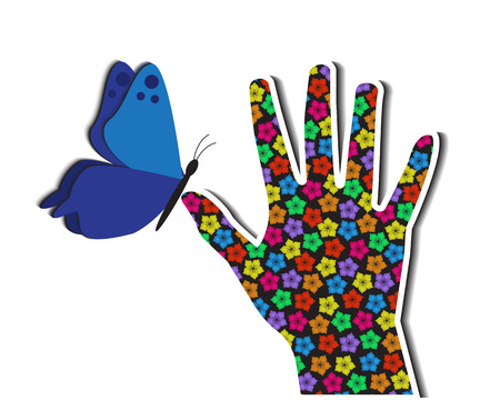 Hand decorated with colorful flowers and butterfly crouched on the finger  のイラスト素材