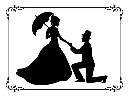 silhouettes of woman in a long dress and a man kneeling  Silhouettes in retro frame  のイラスト素材