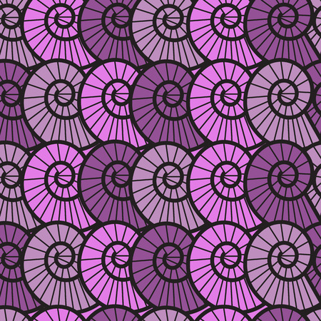   seamless lilac background with spiral shells of different colorsのイラスト素材