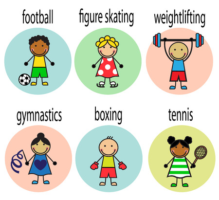 Set Cartoon cheerful athletes of different nationalities with captionsのイラスト素材