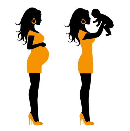   silhouette of a pregnant woman and a silhouette of a woman with a small child in her armsのイラスト素材