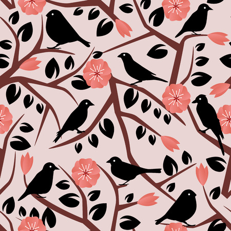 seamless background with branches, lisityami, birds and flowersのイラスト素材