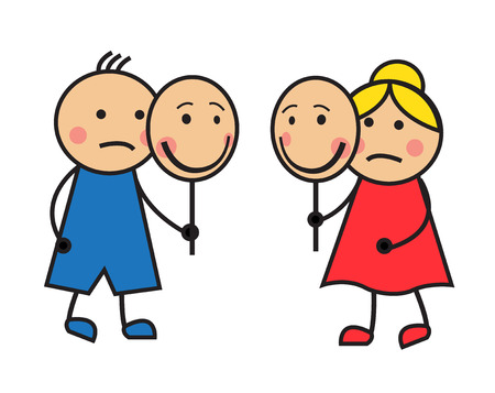 Two Cartoon sad man with smiling masksのイラスト素材