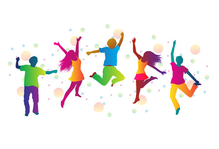 jumping people in bright clothes and colored spots  のイラスト素材