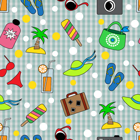 Seamless background with different beach items and blue plaid backgroundのイラスト素材