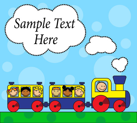 Cartoon background with locomotive and children traveling on a background of grass and skyのイラスト素材