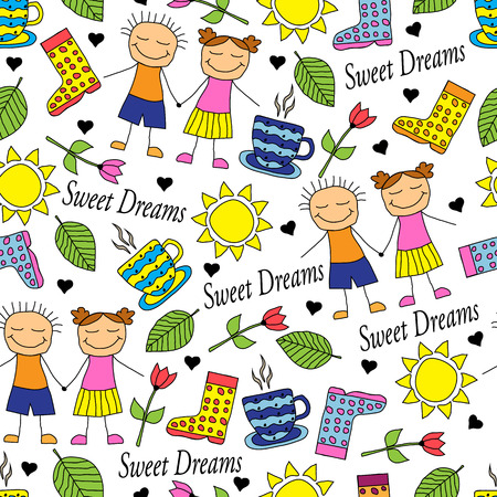 Cartoon seamless pattern with doodle couple in love and miscellaneous itemsのイラスト素材