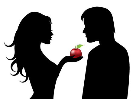   Silhouettes of Adam and Eve with the forbidden fruit in handのイラスト素材