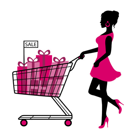   silhouette woman rolls cart with gifts and shopping on a white background  のイラスト素材