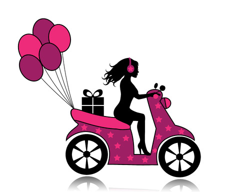   silhouette of a woman on a motorcycle driven by a gift and balloonsのイラスト素材