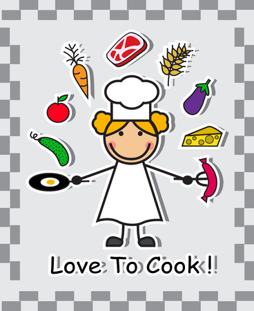 Cartoon chef and various food ingredients on a light background  のイラスト素材