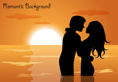 Heterosexual couple in love in the sea against the setting sunのイラスト素材