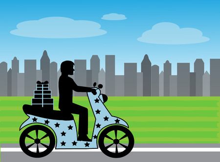 silhouette of a man on a motorcycle rides on the road against the background of the cityのイラスト素材