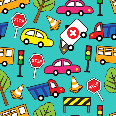   Bright Cartoon seamless pattern with cars and traffic signsのイラスト素材