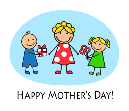   Cartoon card for Mother s Day  Daughter gives her mother flowers, son gives mom a gift  のイラスト素材