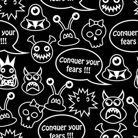   Cartoon seamless black background with different monsters and the inscription  conquer your fears のイラスト素材