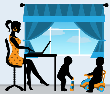 mom sitting at the computer, while the children play in the roomのイラスト素材