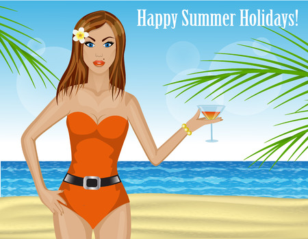 beautiful woman in a bathing suit on the beach cocktail in hand  のイラスト素材
