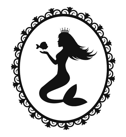   mermaid holding a fish mermaid and fish in black Floral frameのイラスト素材