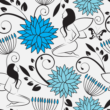seamless background with flowers, swirls and fairies  のイラスト素材