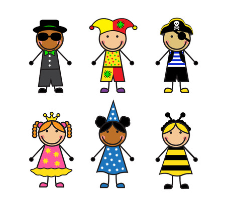 Cartoon children in different carnival costumes on white backgroundのイラスト素材