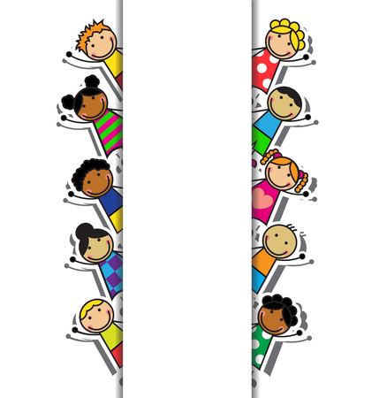 Cartoon kids and vertical white paper strip background  のイラスト素材