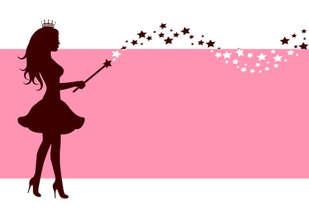 Pink background with a silhouette of a fairy with a magic wand stars