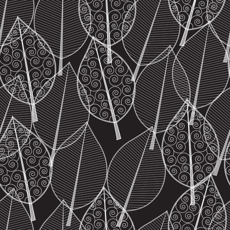 seamless dark pattern of white transparent leaves painted lines on a dark background  のイラスト素材