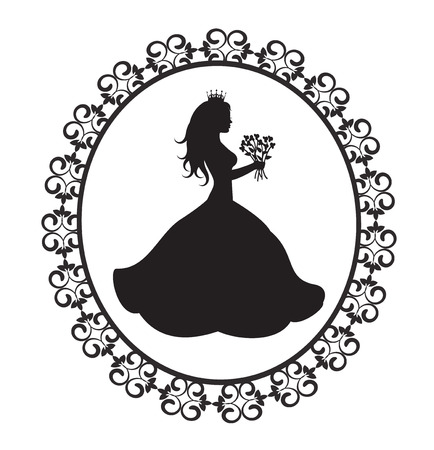 silhouette of the princess in a magnificent dress with flowers in vintage frameのイラスト素材