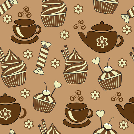 seamless brown background with tea and sweets  のイラスト素材