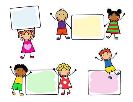   Cartoon smiling children with posters on white backgroundのイラスト素材